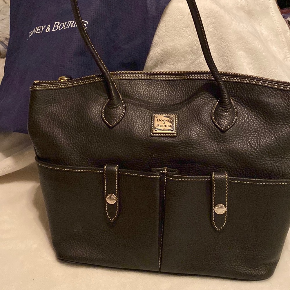 Vintage Downey & Bourne satchel purse black pebbled leather w/orig dust bag. EUC